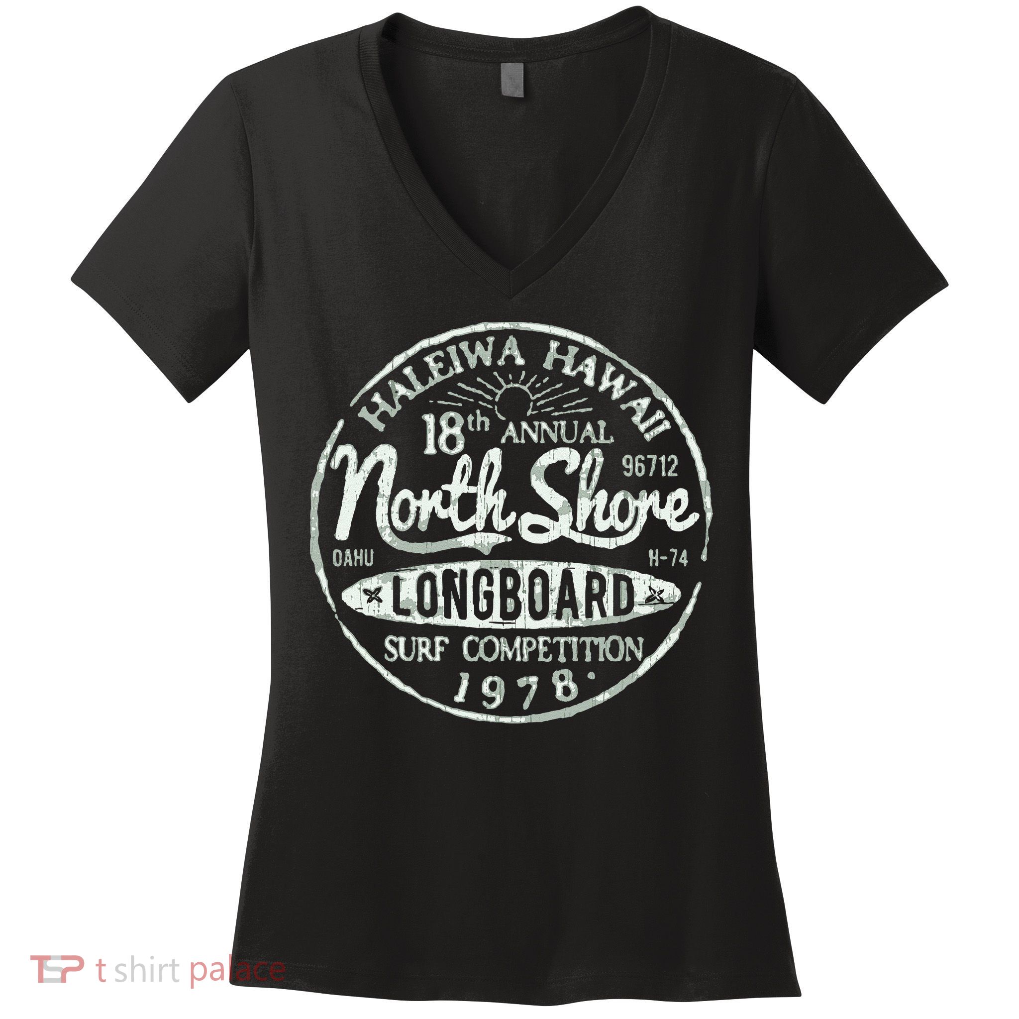 Retro Hawaii Surf Vintage Pacific Beach Long Board Wave Women's V-Neck T-Shirt