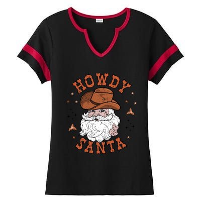 Retro Howdy Santa Cowboy Cowgirl Western Howdy Christmas Ladies Halftime Notch Neck Tee