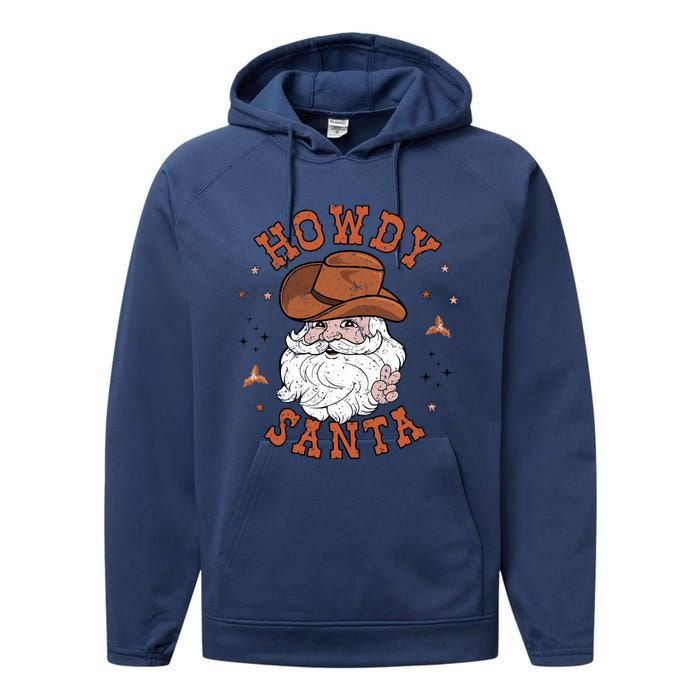 Retro Howdy Santa Cowboy Cowgirl Western Howdy Christmas Performance Fleece Hoodie