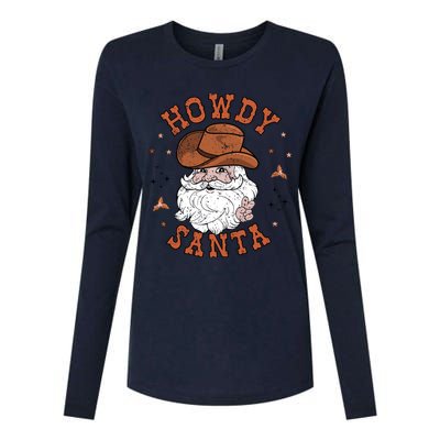 Retro Howdy Santa Cowboy Cowgirl Western Howdy Christmas Womens Cotton Relaxed Long Sleeve T-Shirt