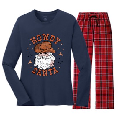 Retro Howdy Santa Cowboy Cowgirl Western Howdy Christmas Women's Long Sleeve Flannel Pajama Set 