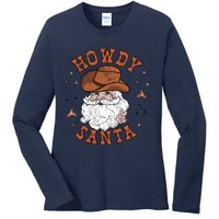 Retro Howdy Santa Cowboy Cowgirl Western Howdy Christmas Ladies Long Sleeve Shirt