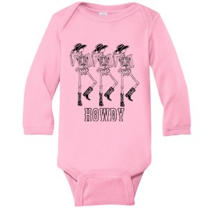 Retro Howdy Skeleton Cowgirl Dancing Cowboy Boots Horse Baby Long Sleeve Bodysuit