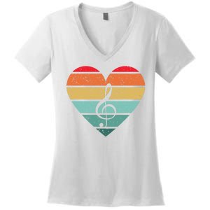 Retro Heart Sunset Note Music School Women's V-Neck T-Shirt