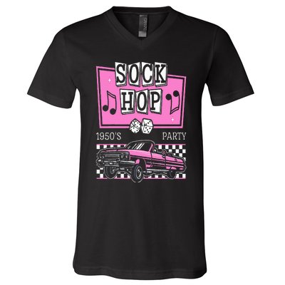 Retro Hop Sock 50s Rock Roll Party Pink Classic Theme V-Neck T-Shirt