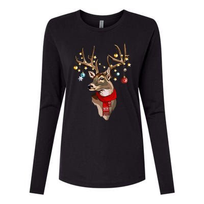 Rustic Holiday Scarf with Buck Deer Antlers and Christmas Lights Womens Cotton Relaxed Long Sleeve T-Shirt