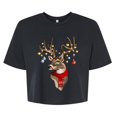 Rustic Holiday Scarf with Buck Deer Antlers and Christmas Lights Bella+Canvas Jersey Crop Tee