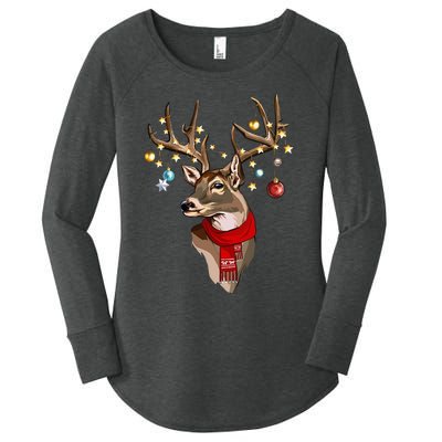 Rustic Holiday Scarf with Buck Deer Antlers and Christmas Lights Women's Perfect Tri Tunic Long Sleeve Shirt