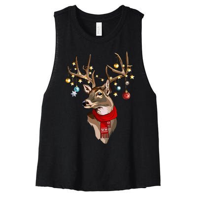 Rustic Holiday Scarf with Buck Deer Antlers and Christmas Lights Women's Racerback Cropped Tank