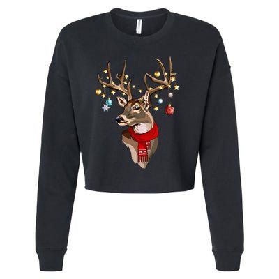 Rustic Holiday Scarf with Buck Deer Antlers and Christmas Lights Cropped Pullover Crew