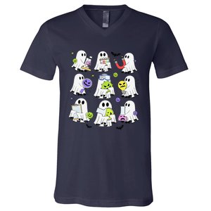 Retro Halloween Science Teacher Ghost Laboratory Teacher V-Neck T-Shirt