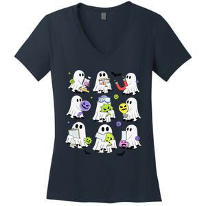 Retro Halloween Science Teacher Ghost Laboratory Teacher Women's V-Neck T-Shirt