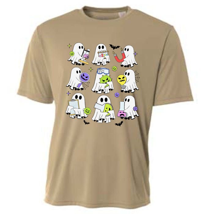 Retro Halloween Science Teacher Ghost Laboratory Teacher Cooling Performance Crew T-Shirt