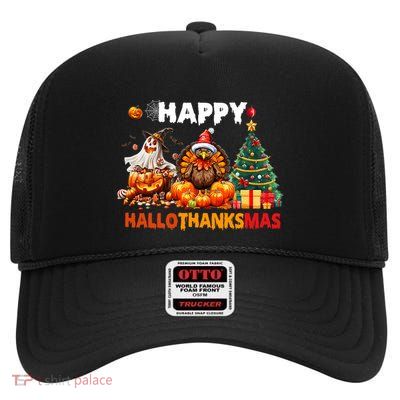 Retro Halloween Thanksgiving Christmas Happy Hallothanksmas High Crown Mesh Back Trucker Hat