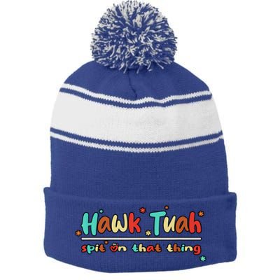 Retro Hawk Tuah Spit On That Thing Gift Stripe Pom Pom Beanie