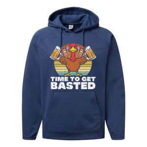 Retro Happy Thanksgiving Turkey Time To Get Basted Performance Fleece Hoodie