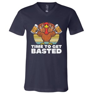 Retro Happy Thanksgiving Turkey Time To Get Basted V-Neck T-Shirt