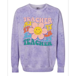 Retro Hippie Teacher Flower Smiley Emoji Colorblast Crewneck Sweatshirt