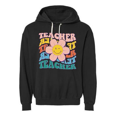 Retro Hippie Teacher Flower Smiley Emoji Garment-Dyed Fleece Hoodie