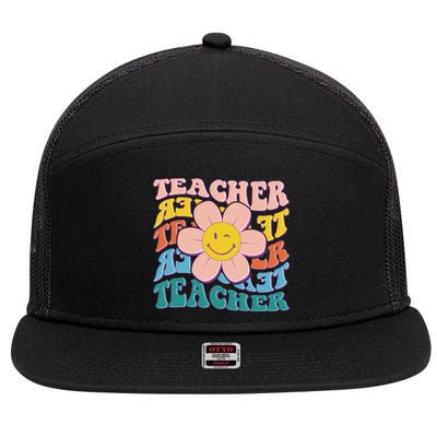 Retro Hippie Teacher Flower Smiley Emoji 7 Panel Mesh Trucker Snapback Hat