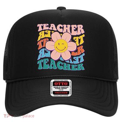 Retro Hippie Teacher Flower Smiley Emoji High Crown Mesh Back Trucker Hat