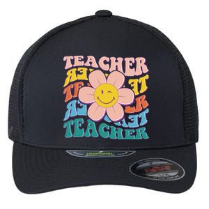 Retro Hippie Teacher Flower Smiley Emoji Flexfit Unipanel Trucker Cap