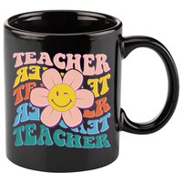 Retro Hippie Teacher Flower Smiley Emoji 11oz C Handle Ceramic Mug