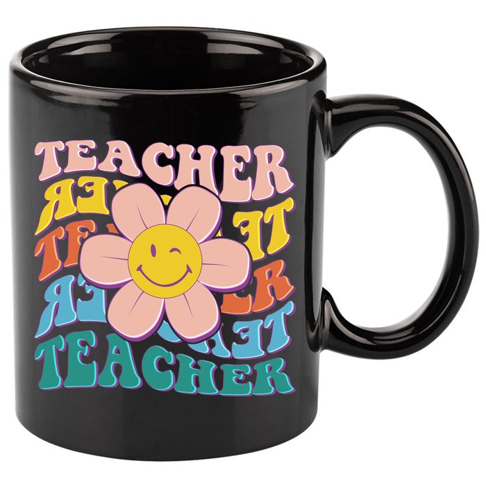 Retro Hippie Teacher Flower Smiley Emoji 11oz C Handle Ceramic Mug