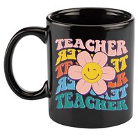 Retro Hippie Teacher Flower Smiley Emoji 11oz C Handle Ceramic Mug