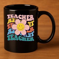 Retro Hippie Teacher Flower Smiley Emoji 11oz C Handle Ceramic Mug