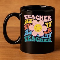 Retro Hippie Teacher Flower Smiley Emoji 11oz C Handle Ceramic Mug