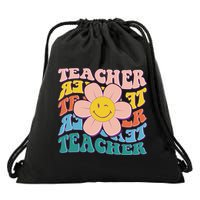Retro Hippie Teacher Flower Smiley Emoji Drawstring Bag