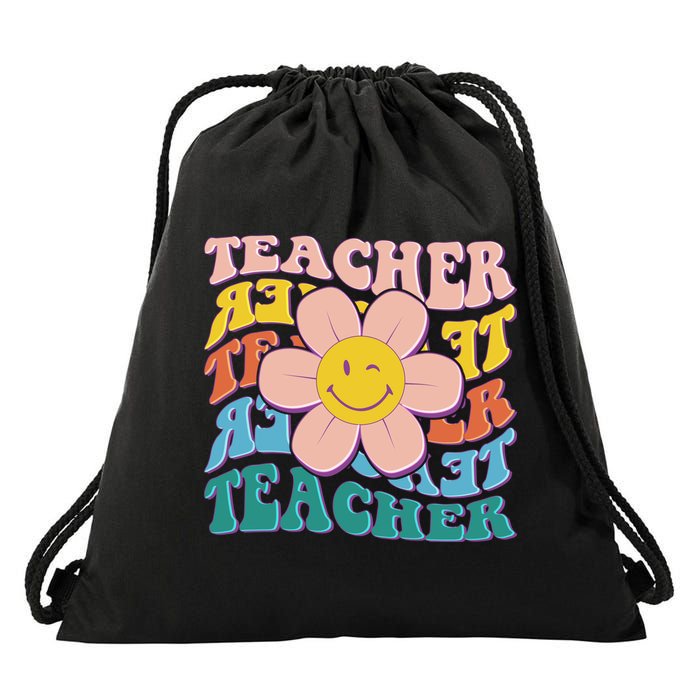 Retro Hippie Teacher Flower Smiley Emoji Drawstring Bag