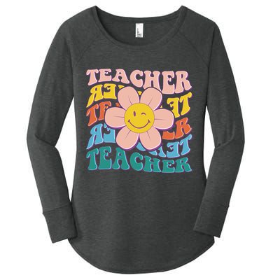 Retro Hippie Teacher Flower Smiley Emoji Women's Perfect Tri Tunic Long Sleeve Shirt