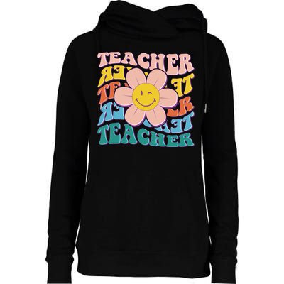 Retro Hippie Teacher Flower Smiley Emoji Womens Funnel Neck Pullover Hood
