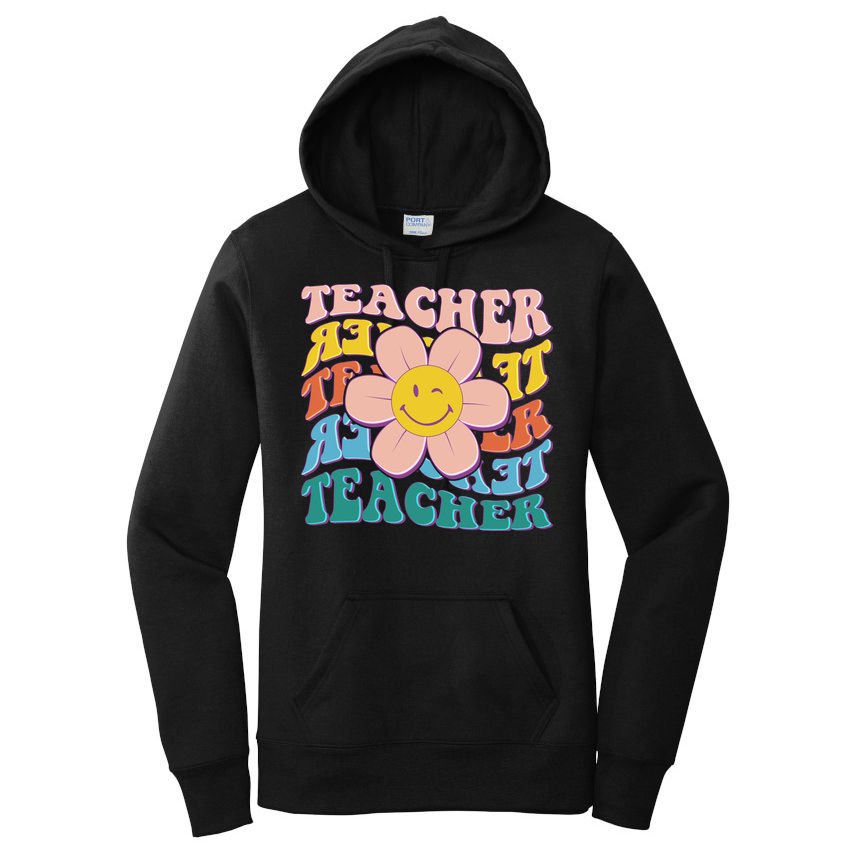 Retro Hippie Teacher Flower Smiley Emoji Women's Pullover Hoodie
