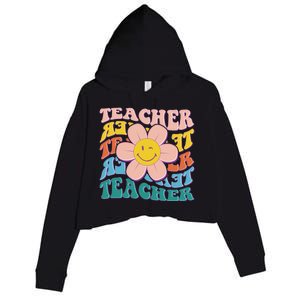 Retro Hippie Teacher Flower Smiley Emoji Crop Fleece Hoodie