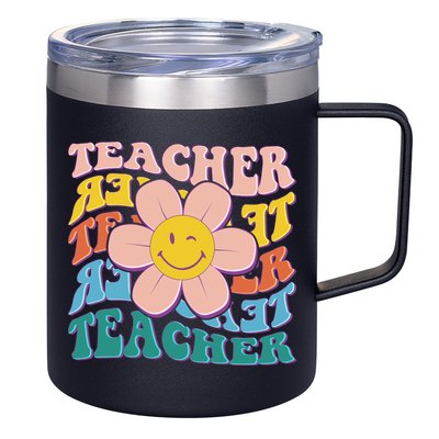 Retro Hippie Teacher Flower Smiley Emoji 12oz Stainless Steel Coffee Mug