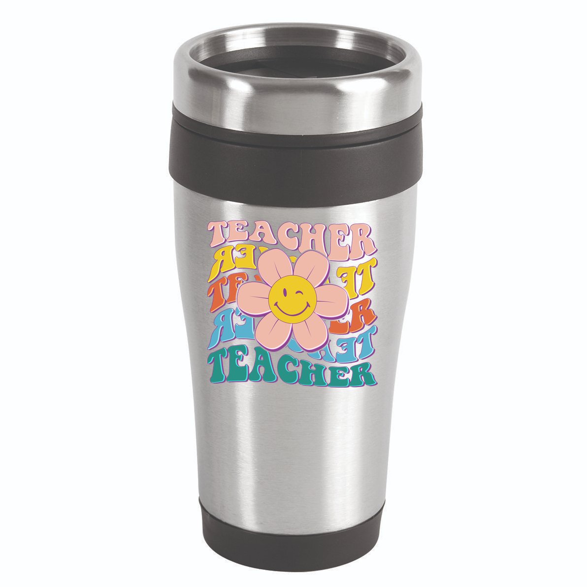 Retro Hippie Teacher Flower Smiley Emoji 16oz Travel Tumbler