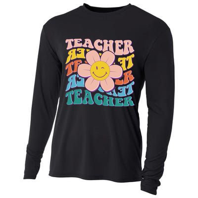 Retro Hippie Teacher Flower Smiley Emoji Cooling Performance Long Sleeve Crew