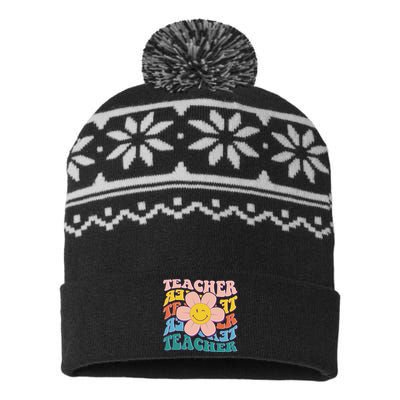 Retro Hippie Teacher Flower Smiley Emoji USA-Made Snowflake Beanie