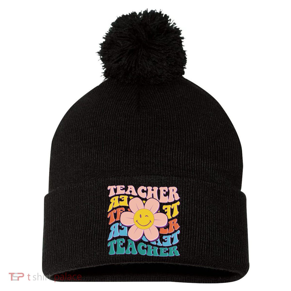 Retro Hippie Teacher Flower Smiley Emoji Pom Pom 12in Knit Beanie