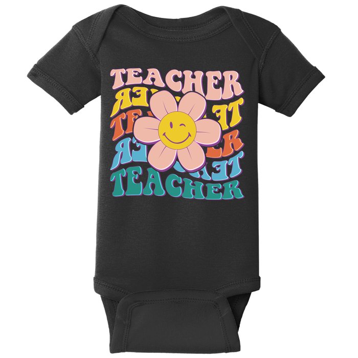 Retro Hippie Teacher Flower Smiley Emoji Baby Bodysuit