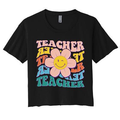Retro Hippie Teacher Flower Smiley Emoji Crop Top