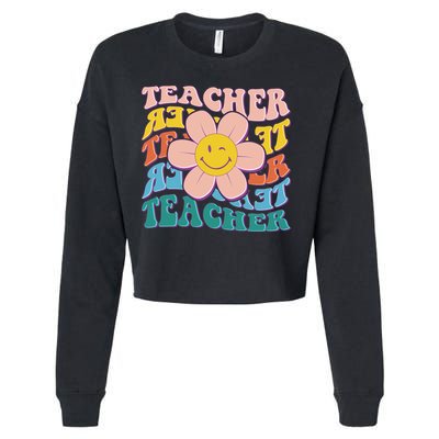 Retro Hippie Teacher Flower Smiley Emoji Cropped Pullover Crew