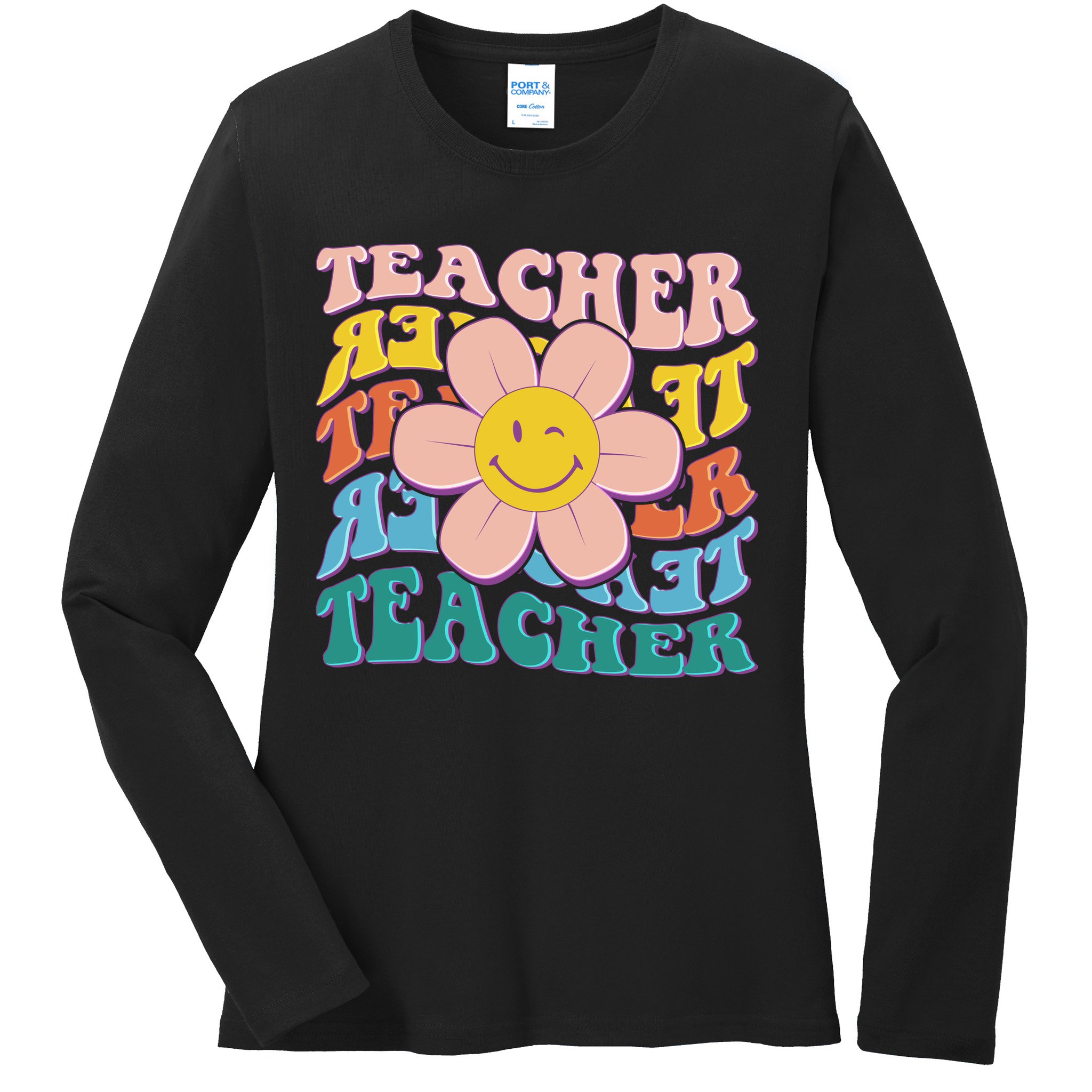 Retro Hippie Teacher Flower Smiley Emoji Ladies Long Sleeve Shirt