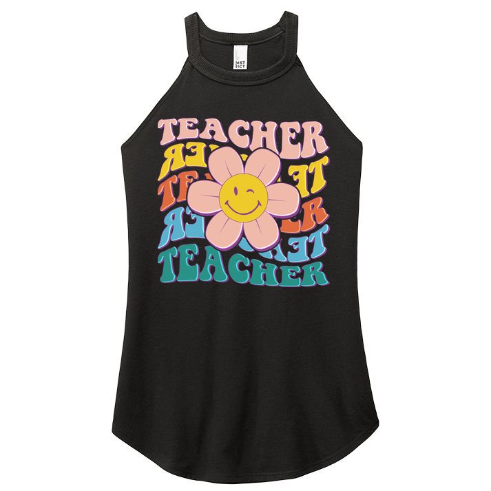 Retro Hippie Teacher Flower Smiley Emoji Women's Perfect Tri Rocker Tank