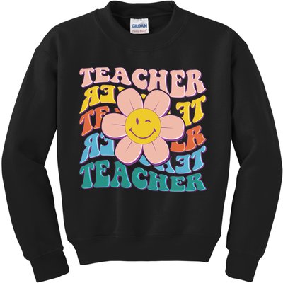 Retro Hippie Teacher Flower Smiley Emoji Kids Sweatshirt