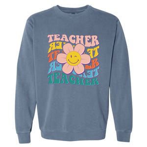 Retro Hippie Teacher Flower Smiley Emoji Garment-Dyed Sweatshirt