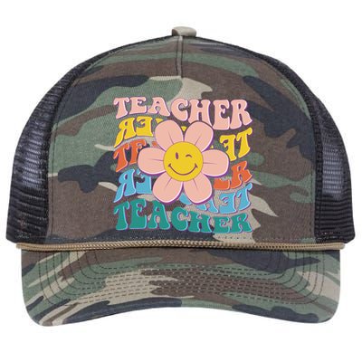 Retro Hippie Teacher Flower Smiley Emoji Retro Rope Trucker Hat Cap